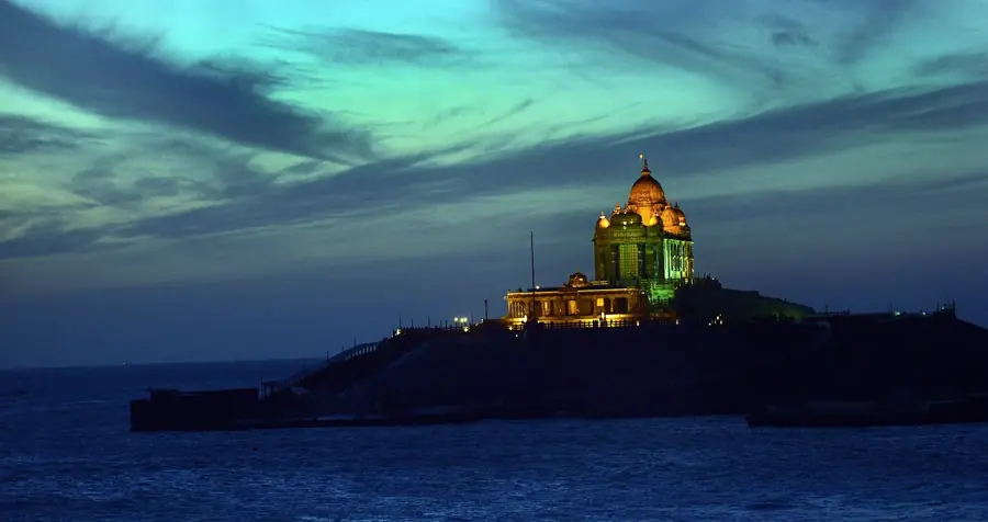 Devotees at the entrance gopuram of the Bhagavathy Amman Temple in Kanyakumari town